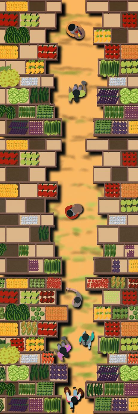 Aerial illustration, market rows